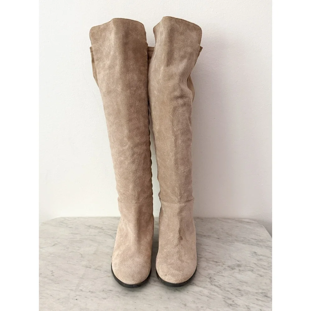 Lucky Brand Calypso Over The Knee Boots Suede Stretch 8.5 Tan Low Block Heel